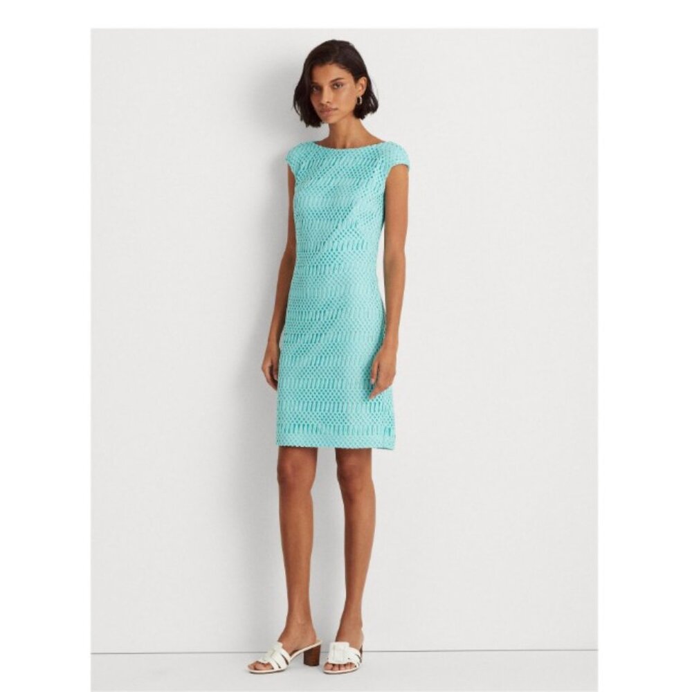 Lauren Ralph Lauren Aqua Textured Cap Sleeve Boat Neck Sheath Dress Size 2
